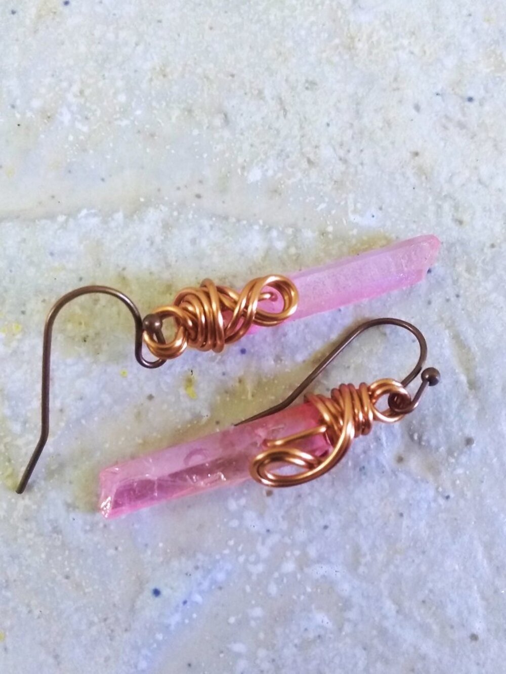 Rustic Rough Wire Wrapped Pink Angel Quartz Spike Earrings - Sensual Contrasts - Picture 2 of 5